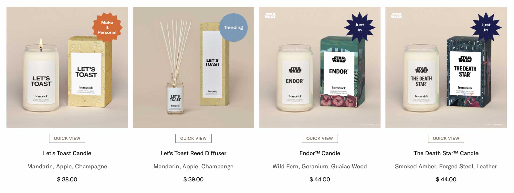 Screenshot of Homesick Candles product grid