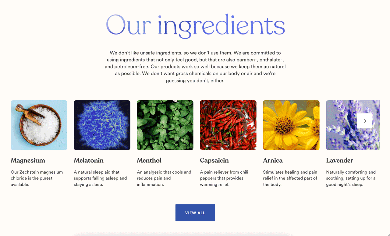 Screenshot of Asutra homepage, showcasing ingredients section