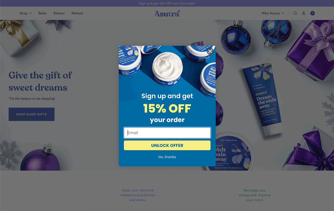 Screenshot of Asutra homepage, showcasing popup